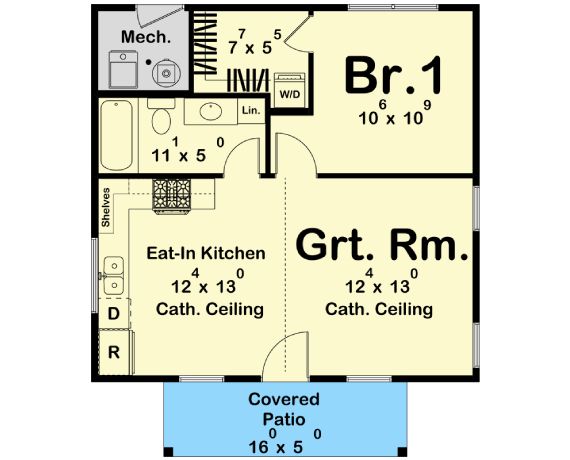 1-Bed ADU House Plan with Cathedral Ceilings